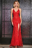 Sparkly Mermaid Spaghetti Straps Red Sequins Long Prom Dress with Criss Cross Back Sparkly Mermaid Spaghetti Straps Red Sequins Long Prom Dress with Criss Cross Back