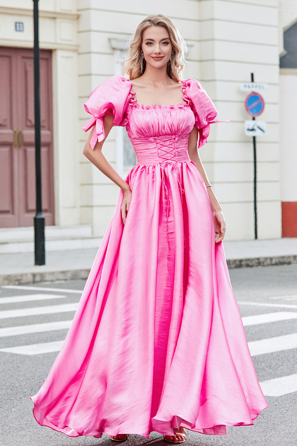 Zapakasa Women Hot Pink Prom Dress with Ruffles A-Line Puff Sleeves Party Dress Zapakasa Women Hot Pink Prom Dress with Ruffles A-Line Puff Sleeves Party Dress