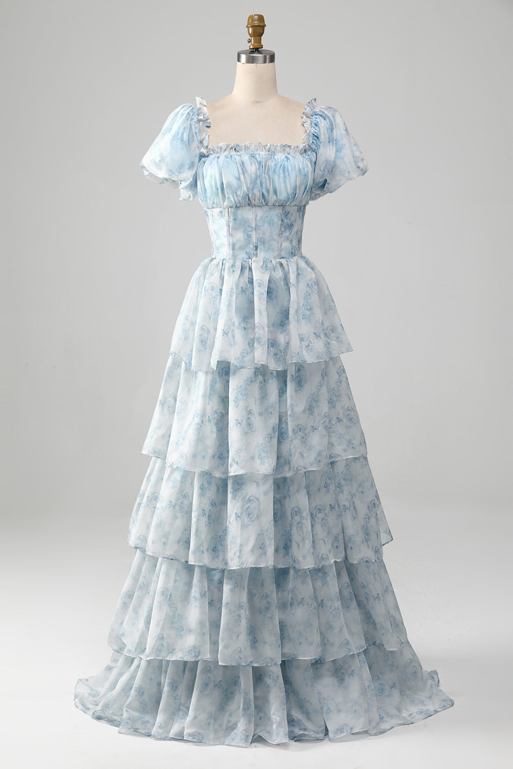 Zapakasa Women Light Blue Tiered Prom Dress with Corset Tulle Printed Party Dress with Puff Sleeves Zapakasa Women Light Blue Tiered Prom Dress with Corset Tulle Printed Party Dress with Puff Sleeves