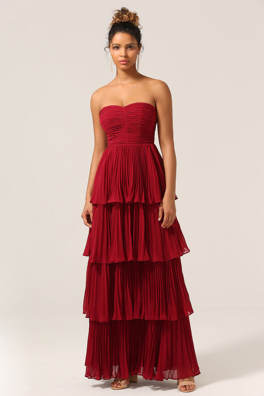 A-Line Sweetheart Burgundy Chiffon Bridesmaid Dress with Pleated Tiered Floor Length Wedding Guest Dress