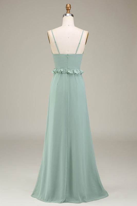 Eucalyptus A-Line V-Neck Chiffon Bridesmaid Dress With Ruffles