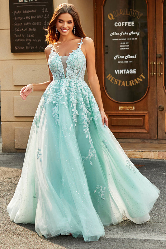Mint Ball-Gown Detachable Sleeves Beaded Prom Dresses With Appliques