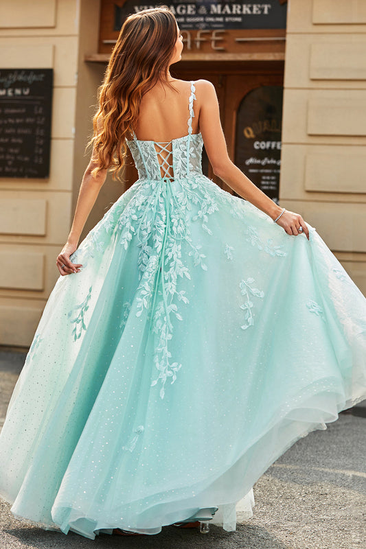 Mint Ball-Gown Detachable Sleeves Beaded Prom Dresses With Appliques