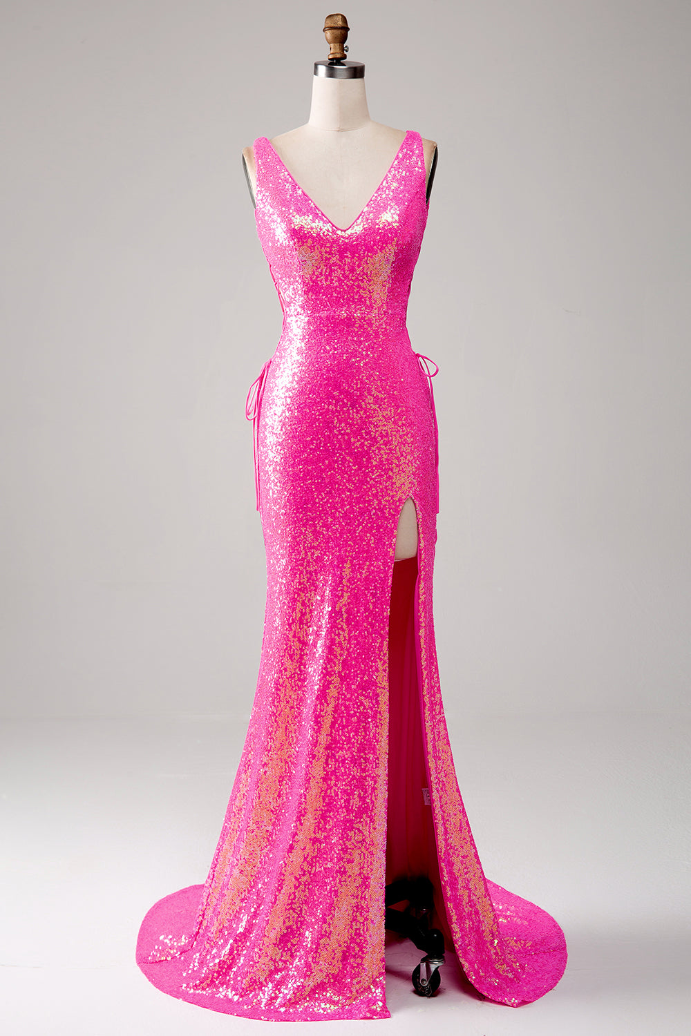 Zapakasa Women Sparkly Hot Pink Prom Dress with Slit Mermaid V-Neck Party Dress Zapakasa Women Sparkly Hot Pink Prom Dress with Slit Mermaid V-Neck Party Dress