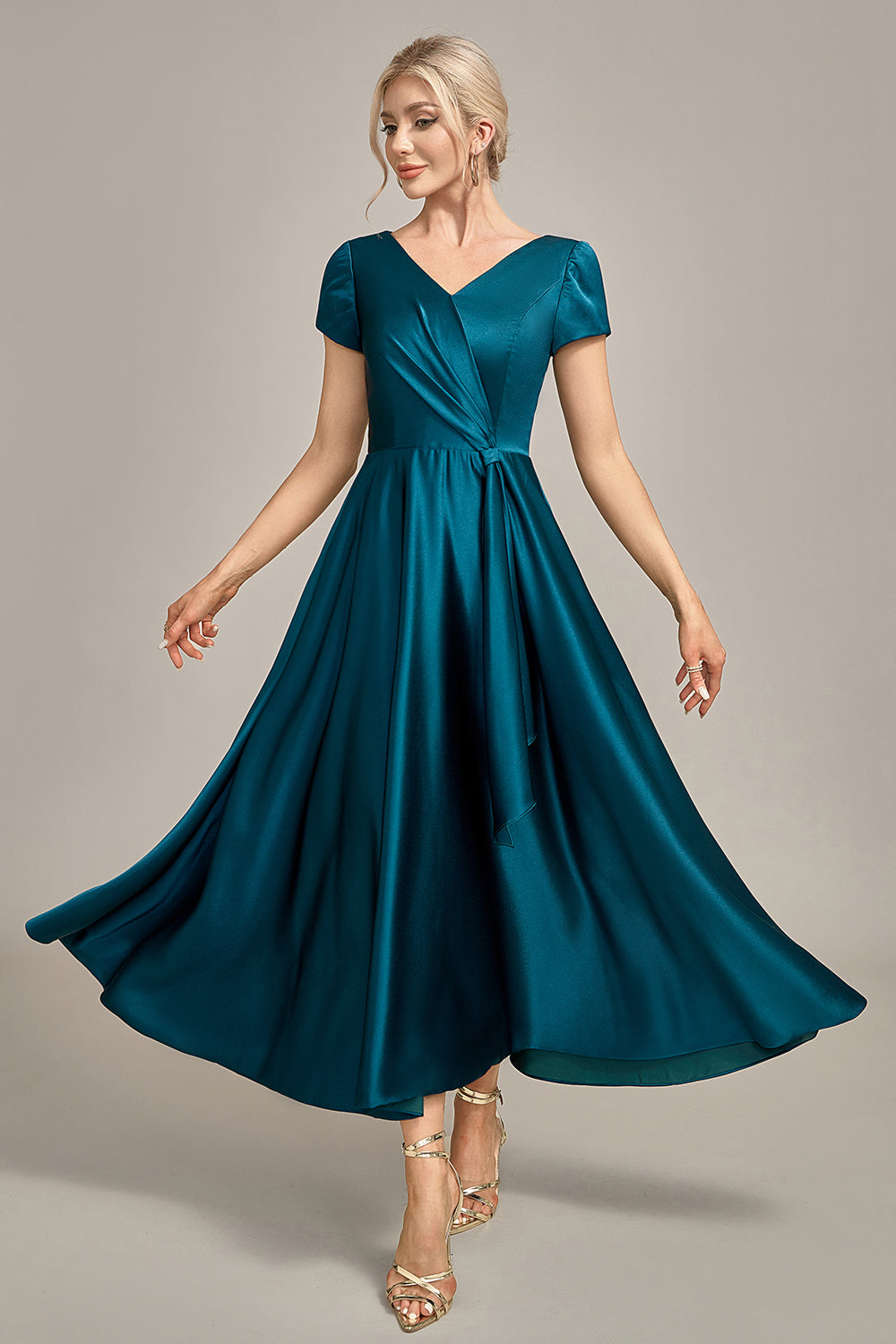 Zapakasa Women Peacock Green Satin V-neck A-line Pleated Mother of the Bride Dress Zapakasa Women Peacock Green Satin V-neck A-line Pleated Mother of the Bride Dress