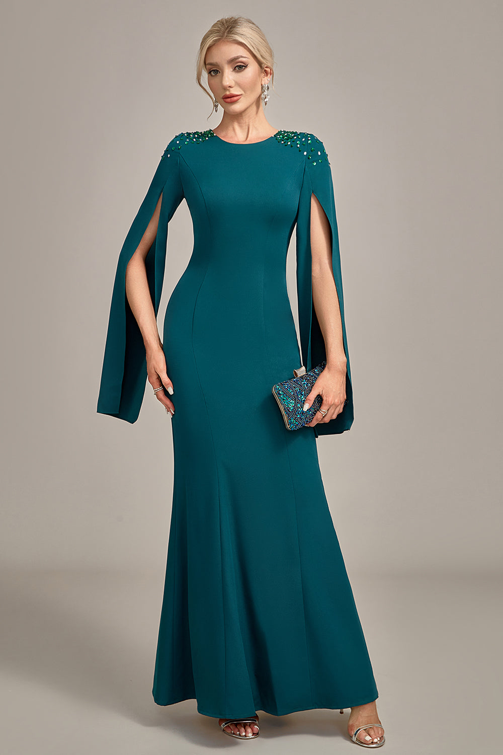 Zapakasa Women Glitter Dark Green Mother Of Bride Dress Mermaid Round Neck Wedding Guest Dress With Beaded Cape Sleeves Zapakasa Women Glitter Dark Green Mother Of Bride Dress Mermaid Round Neck Wedding Guest Dress With Beaded Cape Sleeves