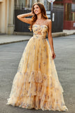 Yellow A-Line Halter Pleated Tulle Tiered Long Prom Dress With Embroidery Yellow A-Line Halter Pleated Tulle Tiered Long Prom Dress With Embroidery