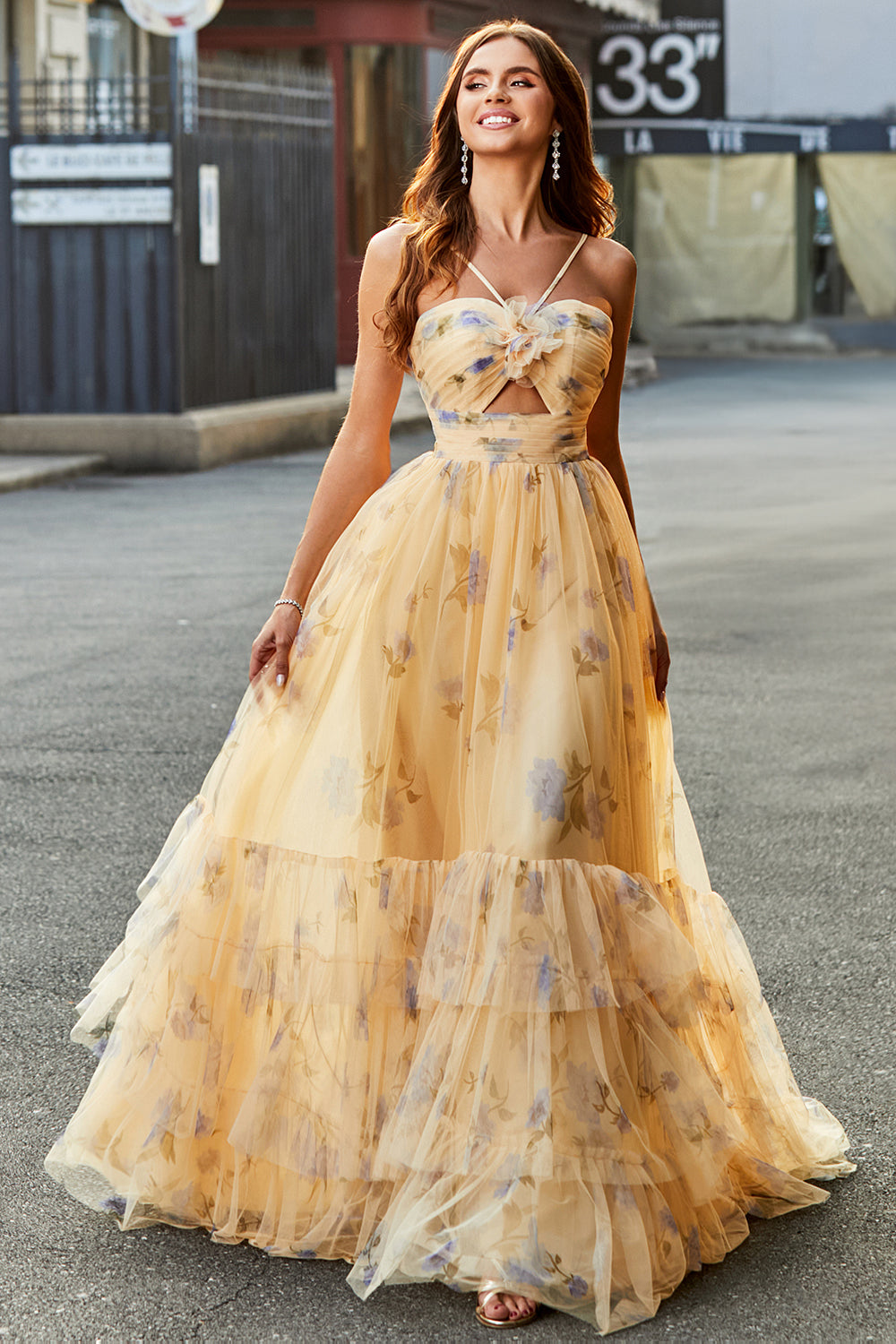 Yellow A-Line Halter Pleated Tulle Tiered Long Prom Dress With Embroidery Yellow A-Line Halter Pleated Tulle Tiered Long Prom Dress With Embroidery