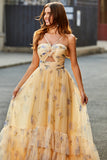 Yellow A-Line Halter Pleated Tulle Tiered Long Prom Dress With Embroidery Yellow A-Line Halter Pleated Tulle Tiered Long Prom Dress With Embroidery