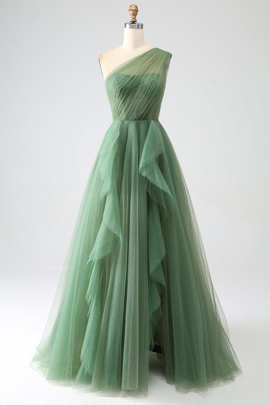 Dark Green Tulle A-Line One-Shoulder Long Prom Dresses