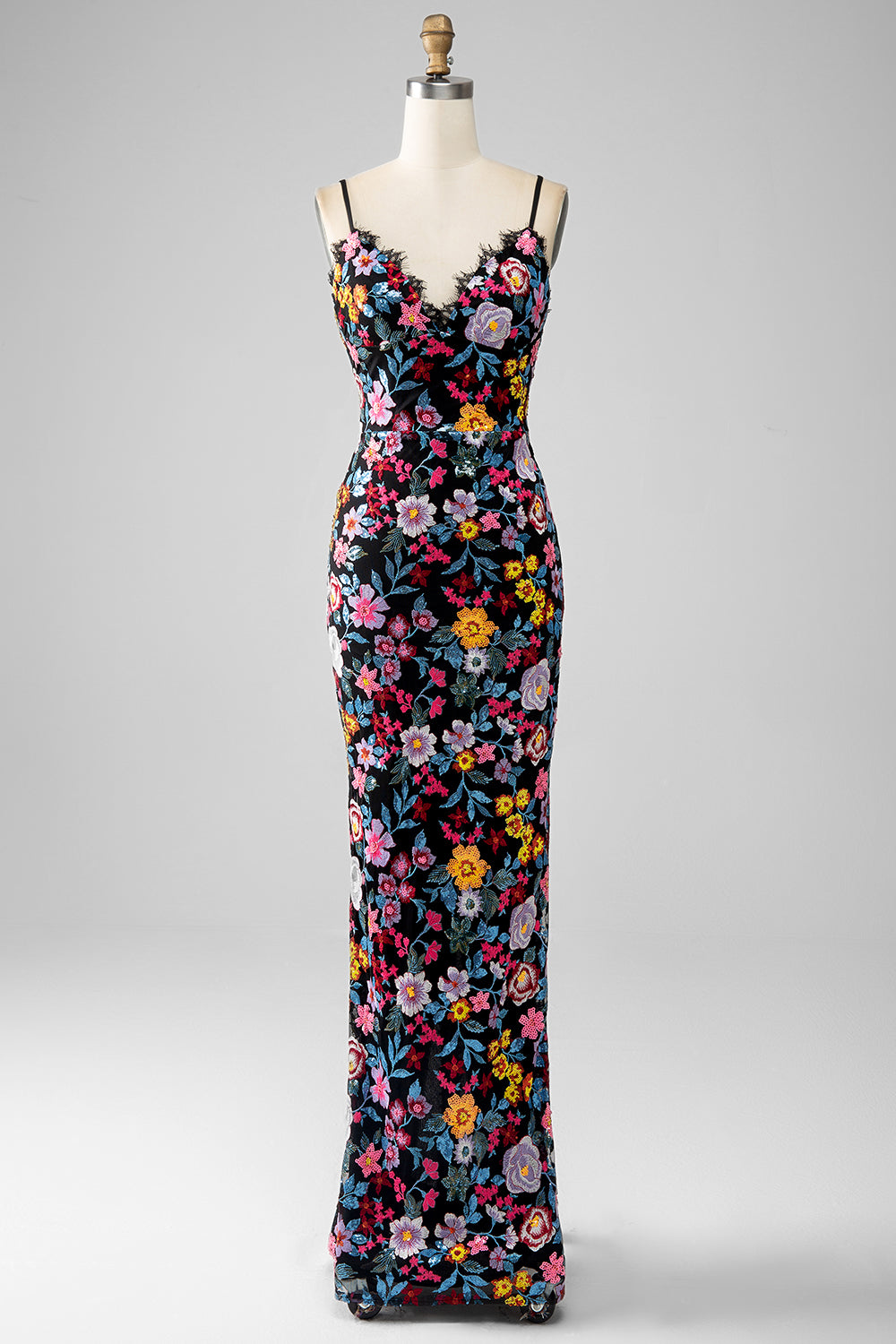 Black floral embroidered prom dress hotsell