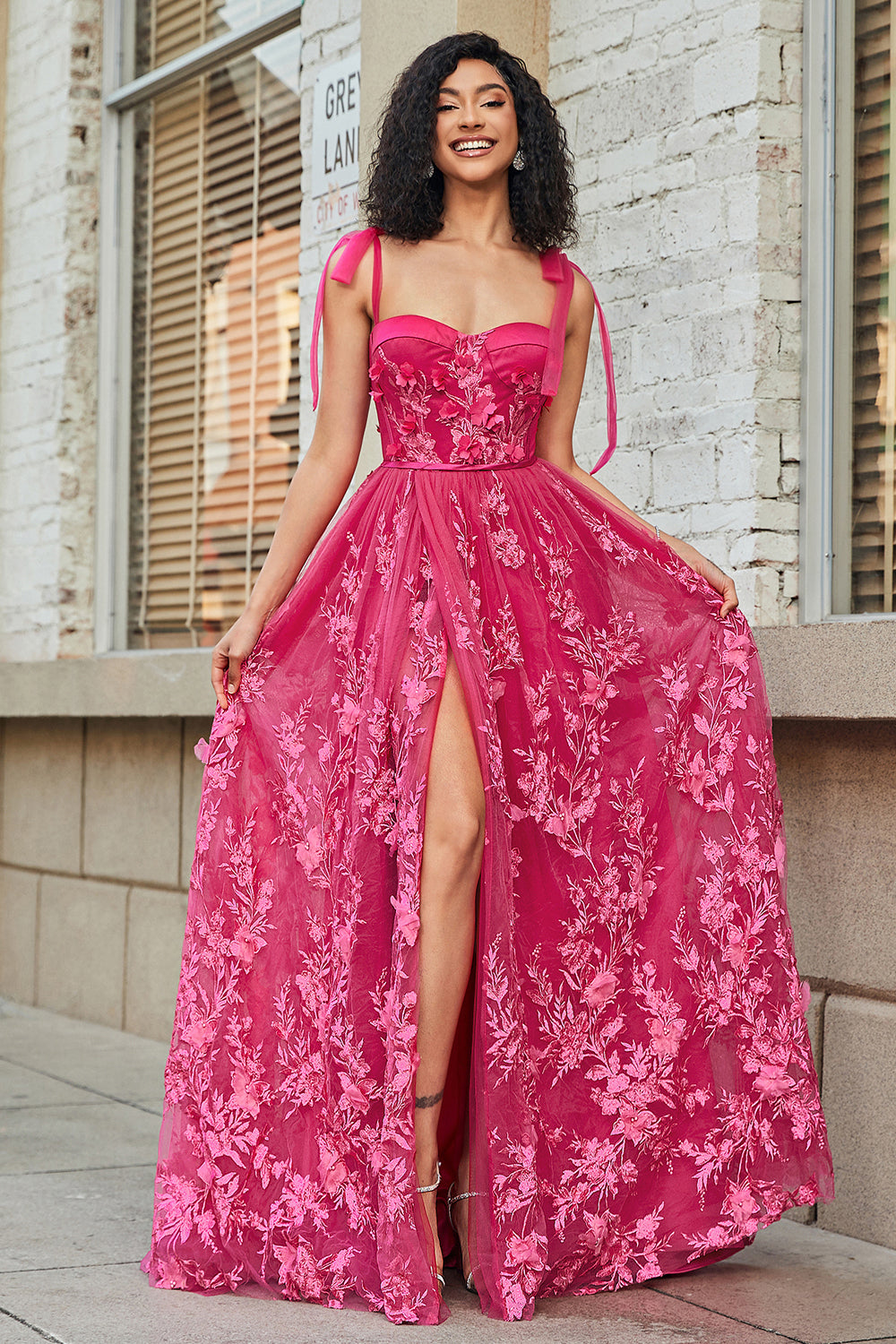 Zapakasa Women Hot Pink Long Prom Dress with Slit A-Line Spaghetti