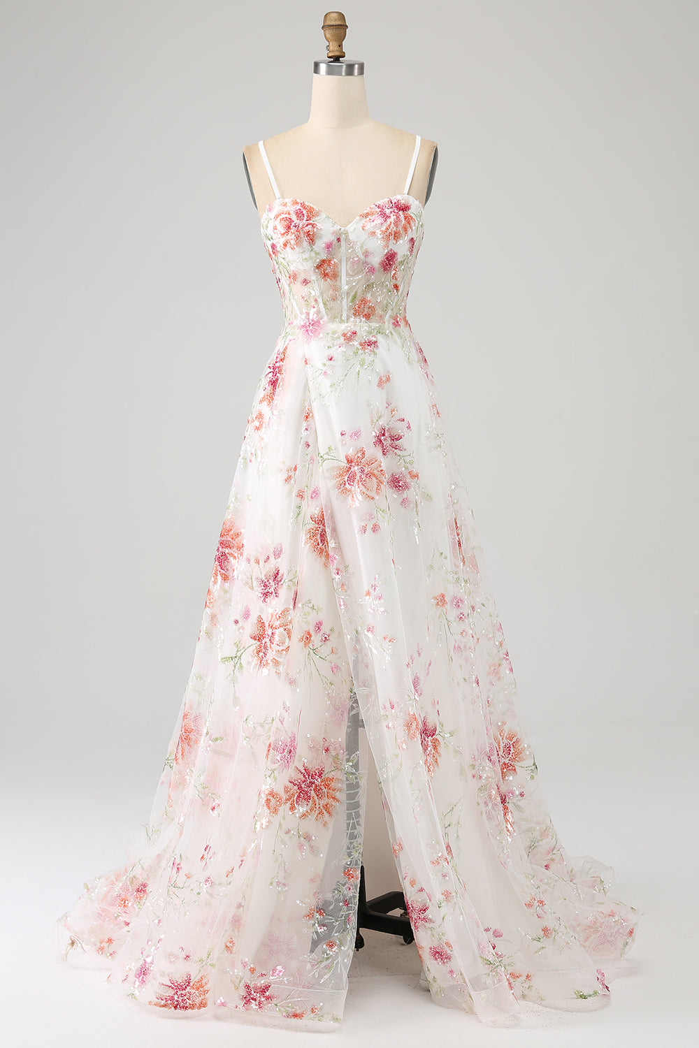 white prom dress with embroidered flowers Wedtrend Women White Blue Flower Prom Dress With Slit A-Line Strapless Corset Long Wedding Dress, White Blue Flower / US2