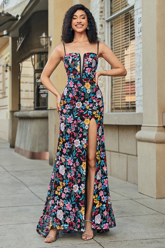 Mermaid Prom Dress Spaghetti Straps Black Flower Embroidered Party Dress With Side Slit