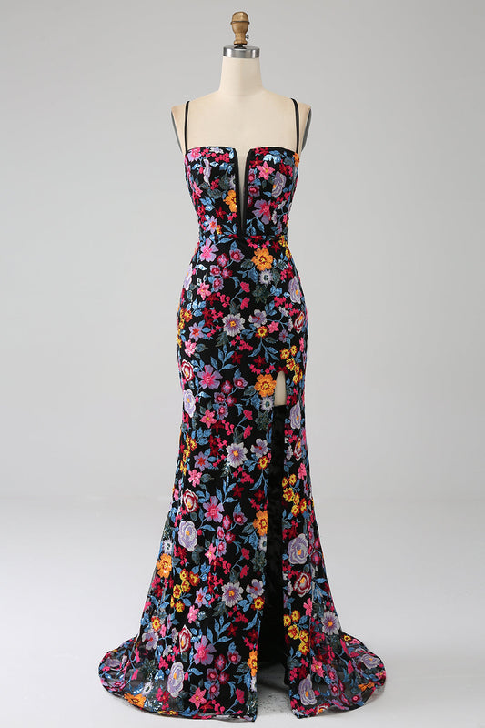 Mermaid Prom Dress Spaghetti Straps Black Flower Embroidered Party Dress With Side Slit