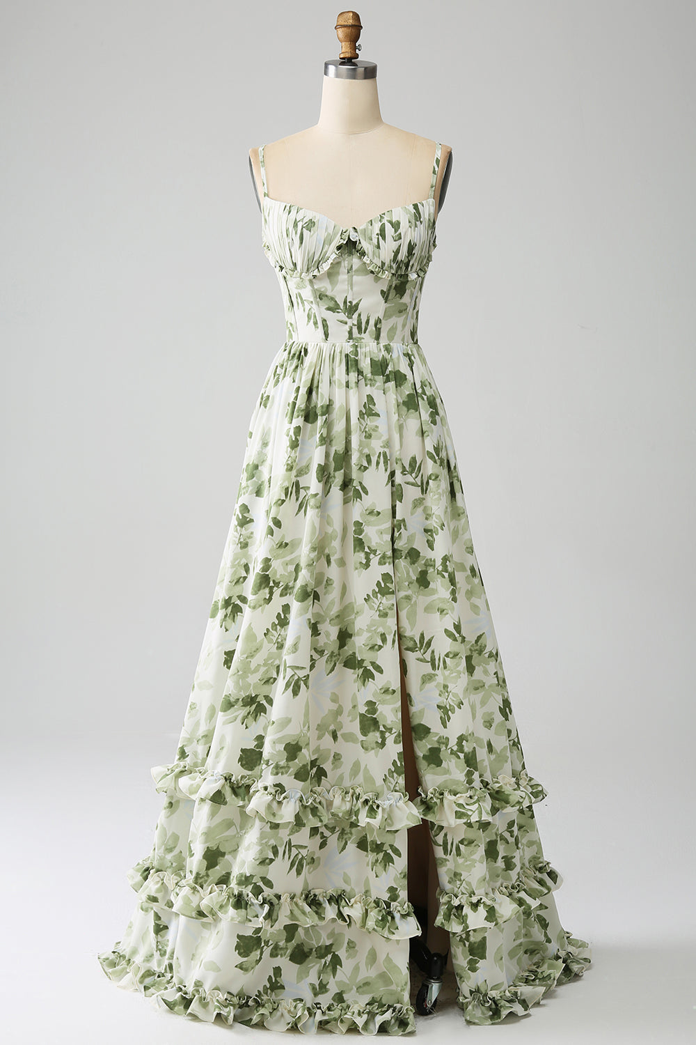 Zapaka Women Green Prom Dress A-Line Spaghetti Straps Printed Pleated Long Party Dress with Slit, Green / US26W Zapaka Women Green Prom Dress A-Line Spaghetti Straps Printed Pleated Long Party Dress with Slit, Green / US26W