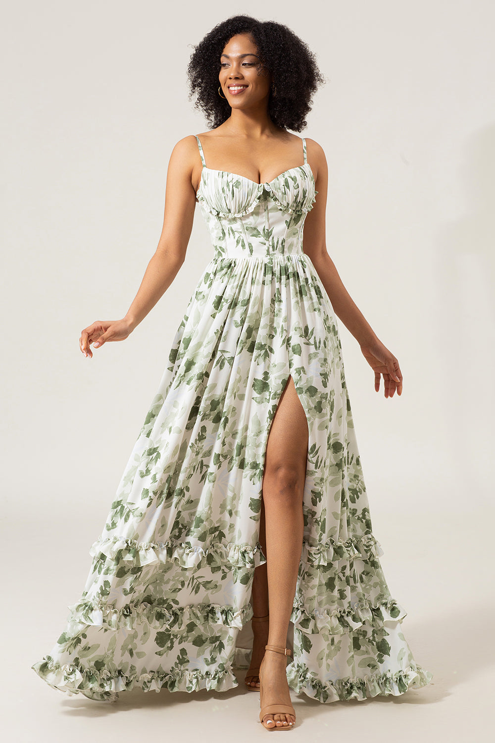 ZAPAKA Women Green Prom Dress A-Line Spaghetti Straps Printed Pleated Long Party Dress With Slit, Green / US14 ZAPAKA Women Green Prom Dress A-Line Spaghetti Straps Printed Pleated Long Party Dress With Slit, Green / US14