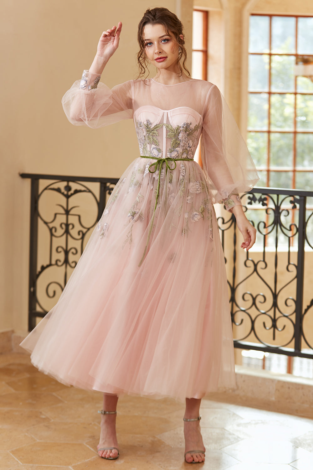 Zapakasa Women Prom Dress Light Nude A Line Jewel Tea Length Party Dress with Long Sleeves Zapakasa Women Prom Dress Light Nude A Line Jewel Tea Length Party Dress with Long Sleeves