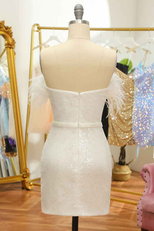 White Strapless Homecoming Dress with Feathers