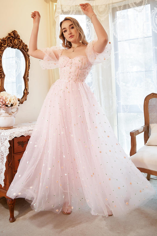 Blush A-Line Tulle Shot Sleeve Prom Dress