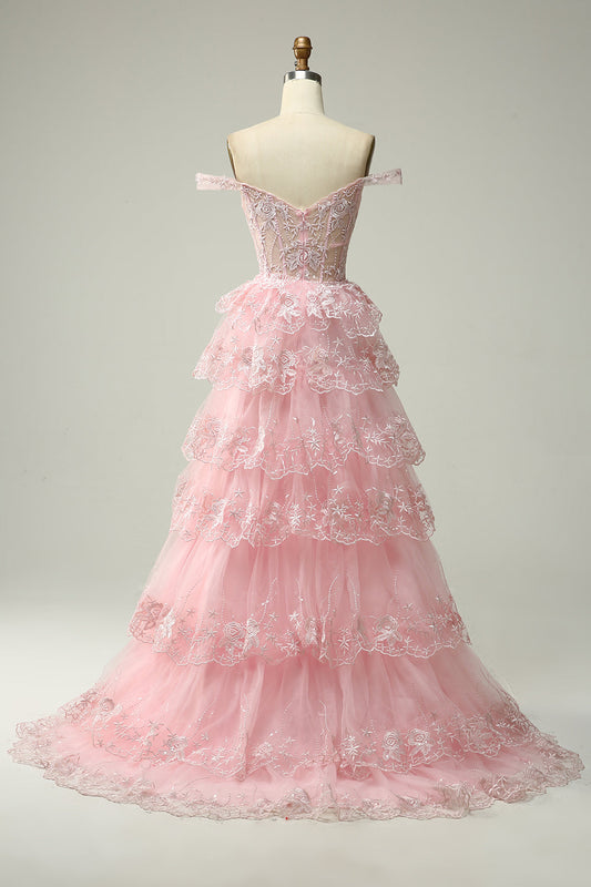 Pink Off The Shoulder Tiered Prom Dress