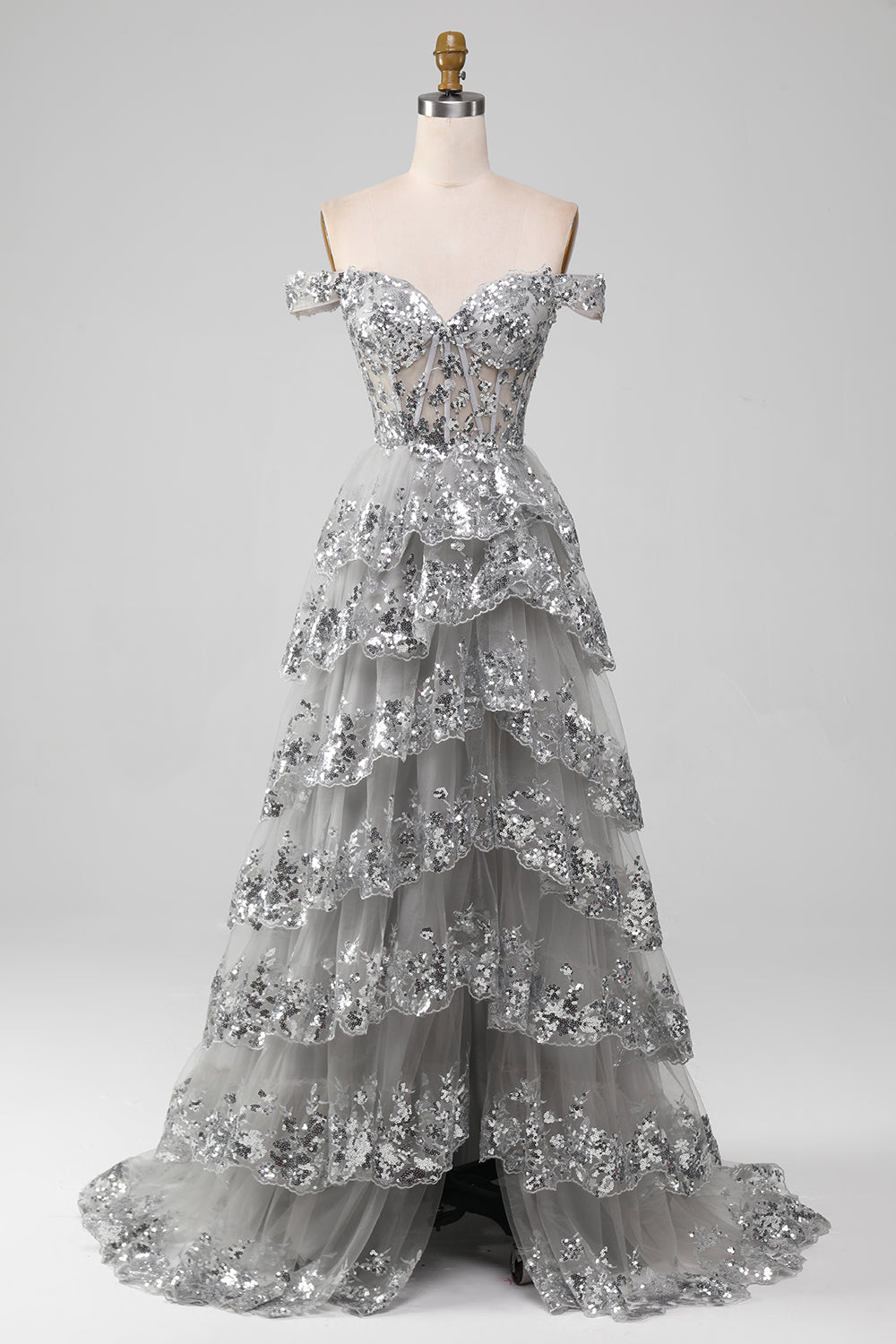 Zapakasa Women Off the Shoulder Prom Dress Grey Sparkly Tiered Party Dress with Slit Zapakasa Women Off the Shoulder Prom Dress Grey Sparkly Tiered Party Dress with Slit