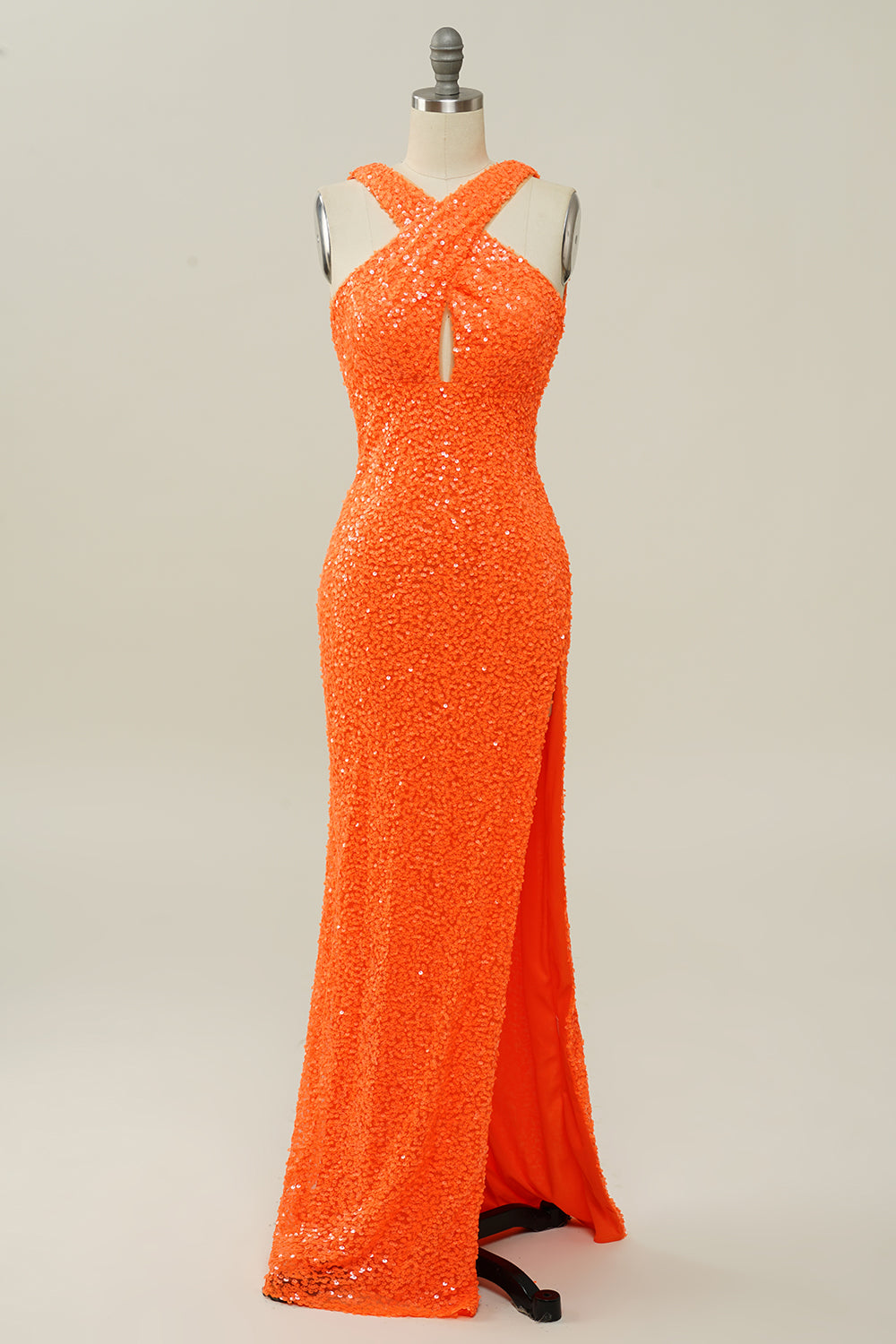 Zapakasa Women Sequins Orange Prom Dress Long Cross Neck Party Dress with slit Zapakasa Women Sequins Orange Prom Dress Long Cross Neck Party Dress with slit
