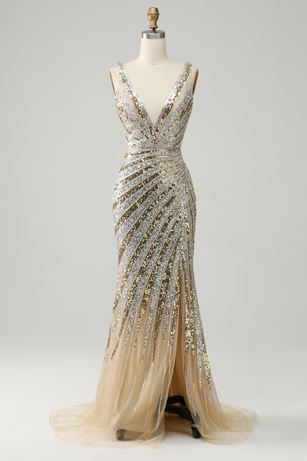 Zapakasa Women Golden Long Prom Dress Mermaid Deep V Neck Formal Dress with Silt Zapakasa Women Golden Long Prom Dress Mermaid Deep V Neck Formal Dress with Silt