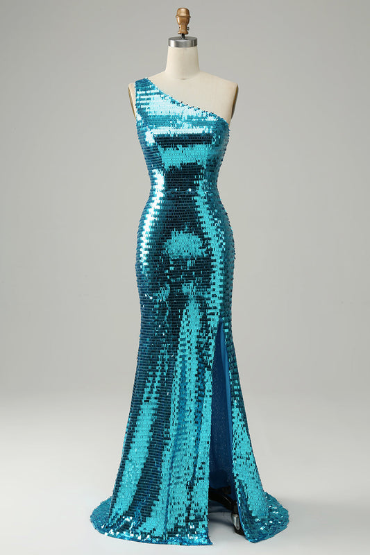 Sparkly Blue Sequins One Shoulder Long Prom Dress with Slit Mermaid Gala Dress