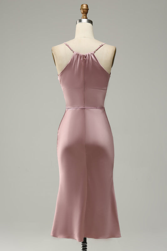 Spaghetti Straps Satin Grey Pink Prom Dress