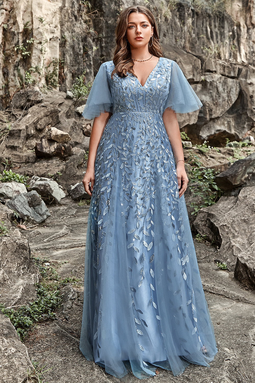 Zapakasa Women Grey Blue Plus Size Prom Dress A Line V Neck Formal Dress with Appliques Zapakasa Women Grey Blue Plus Size Prom Dress A Line V Neck Formal Dress with Appliques