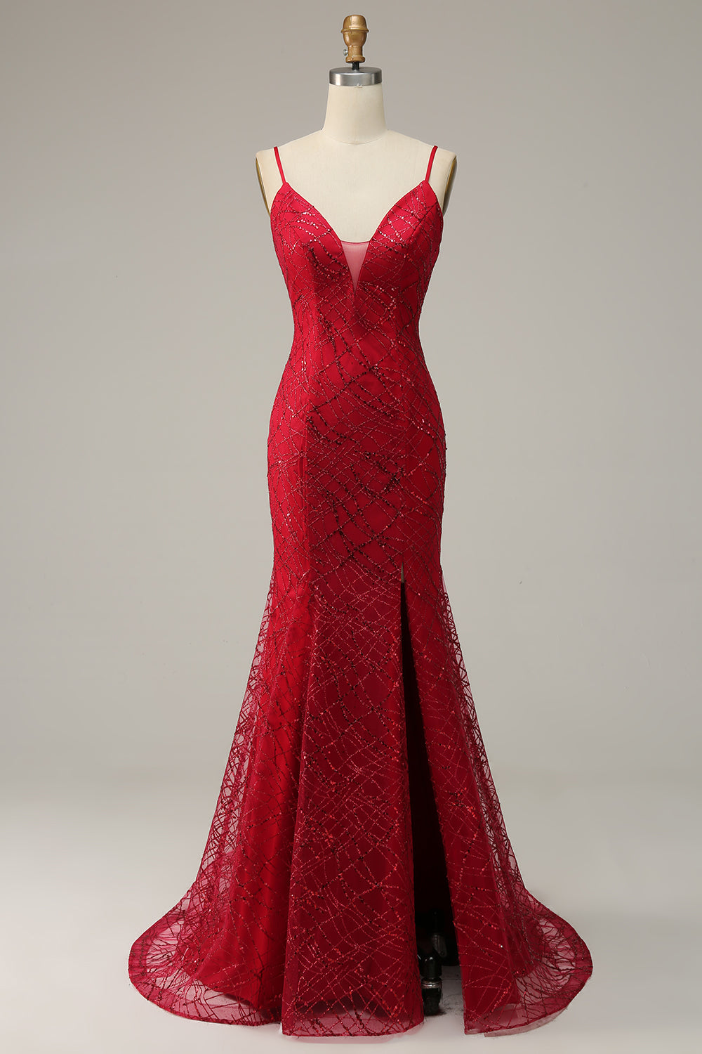 Zapakasa Women Dark Red Spaghetti Straps Mermaid Prom Dress with Slit Sleeveless Party Dress Zapakasa Women Dark Red Spaghetti Straps Mermaid Prom Dress with Slit Sleeveless Party Dress