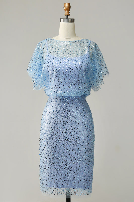 Grey Blue Sequins Butterfly Sleeve Bodycon Mother Dress