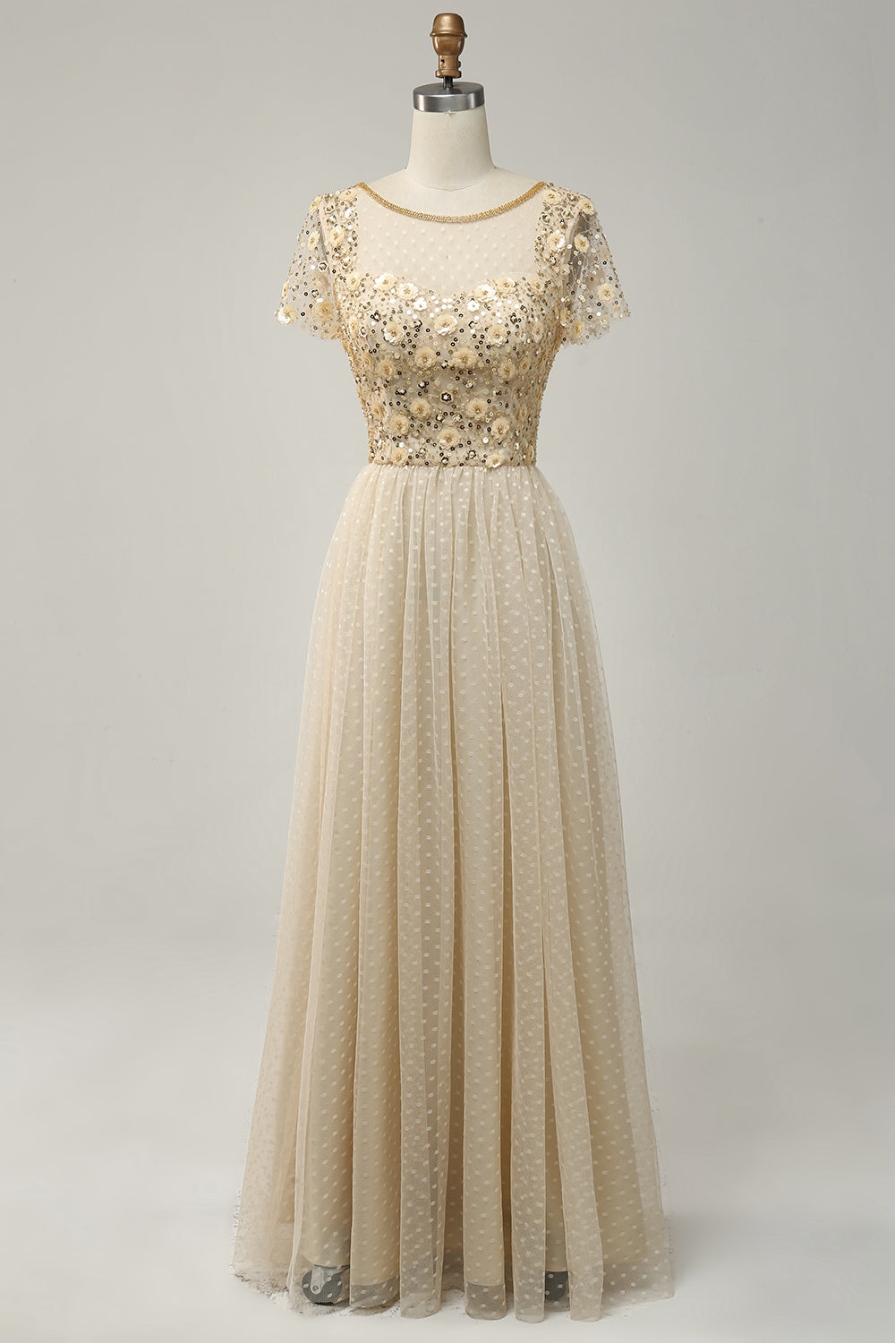 Zapakasa Women A Line Short Sleeve Flower Beaded Apricot Long Prom Dress Zapakasa Women A Line Short Sleeve Flower Beaded Apricot Long Prom Dress