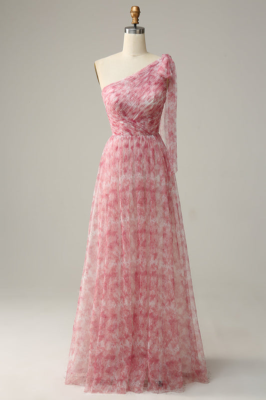 Red A Line One Shoulder Print Long Tulle Bridesmaid Dress