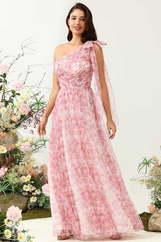 Red A Line One Shoulder Print Tulle Bridesmaid Dress with Ruched