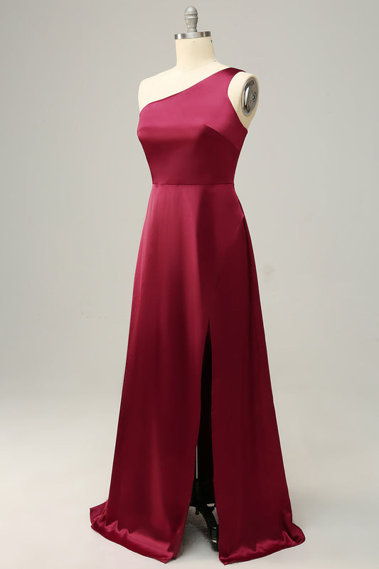 Burgundy Plus Size One Shoulder Long Bridesmaid Dress
