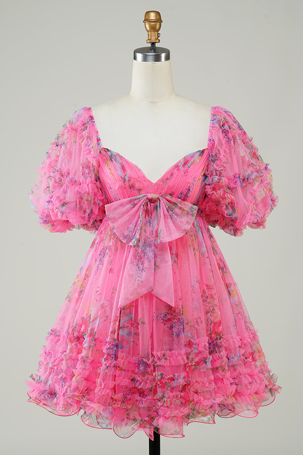 Zapakasa Women Hot Pink Printed Cute Homecoming Dress with Bow A Line Short Sleeves Cocktail Dress with Ruffles Zapakasa Women Hot Pink Printed Cute Homecoming Dress with Bow A Line Short Sleeves Cocktail Dress with Ruffles