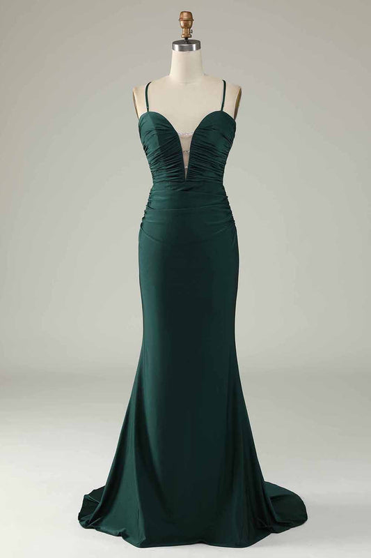 Mermaid Spaghetti Straps Dark Green Long Prom Dress
