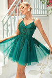A Line Spaghetti Straps Dark Green Short Homecoming Dress with Appliques Beading A Line Spaghetti Straps Dark Green Short Homecoming Dress with Appliques Beading