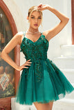 A Line Spaghetti Straps Dark Green Short Homecoming Dress with Appliques Beading A Line Spaghetti Straps Dark Green Short Homecoming Dress with Appliques Beading