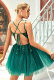 A Line Spaghetti Straps Dark Green Short Homecoming Dress with Appliques Beading A Line Spaghetti Straps Dark Green Short Homecoming Dress with Appliques Beading