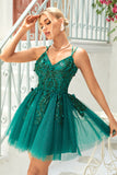 A Line Spaghetti Straps Dark Green Short Homecoming Dress with Appliques Beading A Line Spaghetti Straps Dark Green Short Homecoming Dress with Appliques Beading