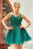 A Line Spaghetti Straps Dark Green Short Homecoming Dress with Appliques Beading A Line Spaghetti Straps Dark Green Short Homecoming Dress with Appliques Beading