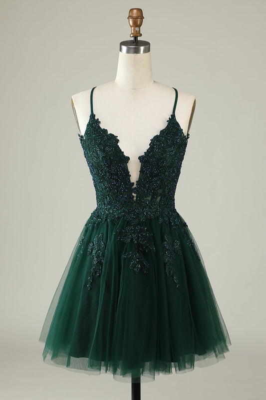 Spaghetti Straps Dark Green Short Tulle Homecoming Dress with Appliques