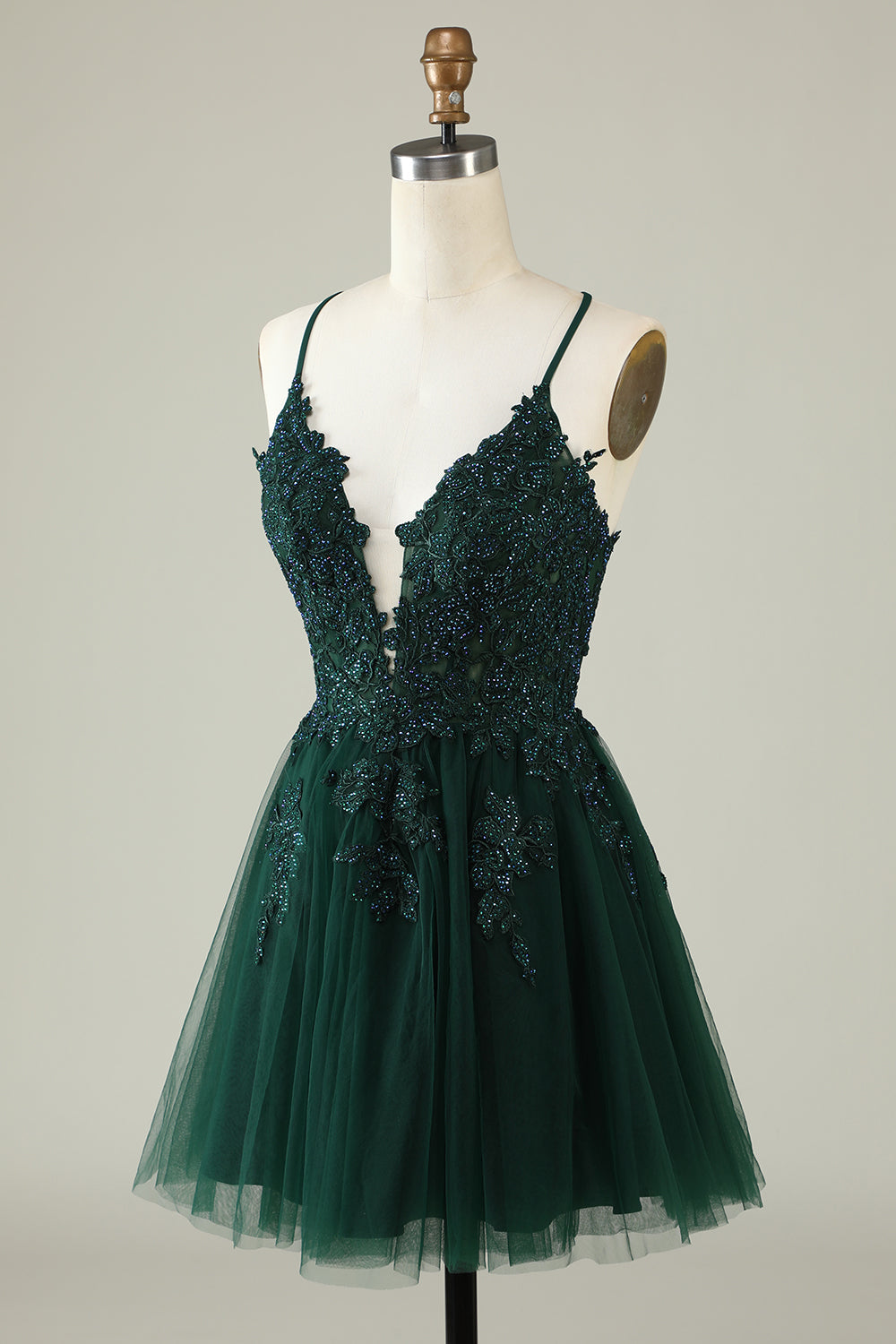Spaghetti Straps Dark Green Short Tulle Homecoming Dress with Appliques Spaghetti Straps Dark Green Short Tulle Homecoming Dress with Appliques