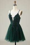 Spaghetti Straps Dark Green Short Tulle Homecoming Dress with Appliques Spaghetti Straps Dark Green Short Tulle Homecoming Dress with Appliques