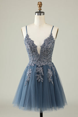 Spaghetti Straps Grey Blue Short Tulle Homecoming Dress with Appliques