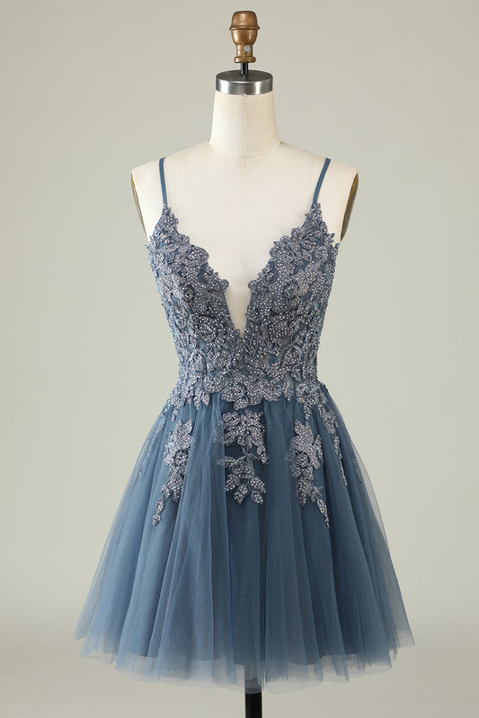 Spaghetti Straps Grey Blue Short Tulle Homecoming Dress with Appliques