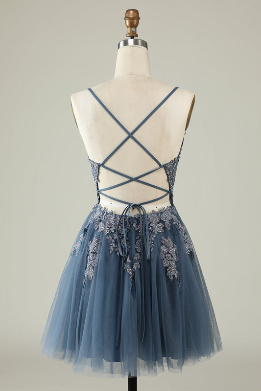 Spaghetti Straps Grey Blue Short Tulle Homecoming Dress with Appliques